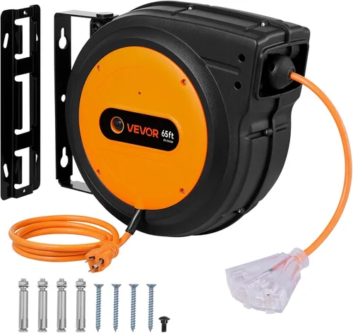 Vista 22 de VEVOR Carrete de cable de extensión retráctil, 30 pies, carrete de cable de alimentación retráctil resistente 16AWG/3C SJTOW con toma triple Rojo