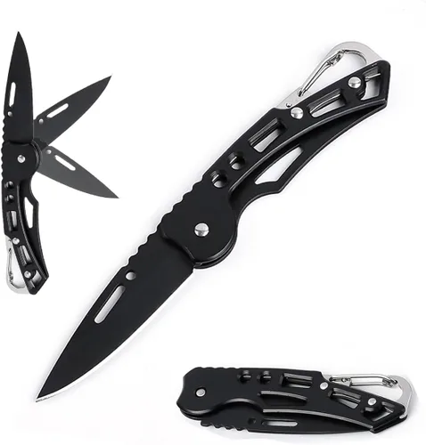 Vista 6 de Cuchillo de bolsillo, cuchillo de bolsillo con cadena, hoja de solo 2.5 pulgadas. Cuchillo EDC para camping, senderismo, pesca para hombres y Negro