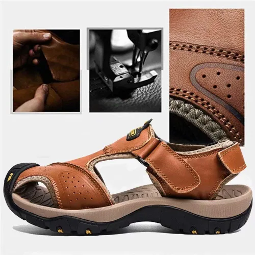Vista 4 de VISIONREAST Sandalias de cuero para hombre, sandalias de senderismo al aire libre, impermeables, atléticas, zapatos de playa de pescador, sandalias
