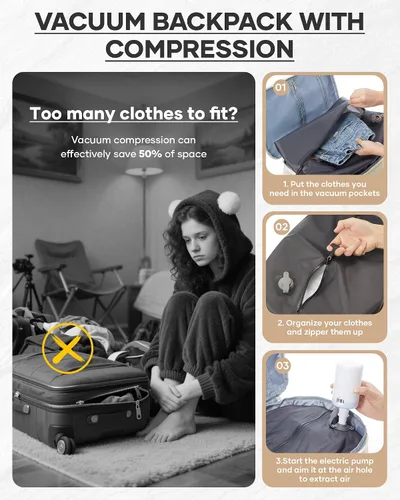 Vista 4 de Mochila de viaje grande al vacío con bomba,Mochilas para laptop para mujeres y hombres,Mochila de transporte,Bolsa de viaje para artículos Beige