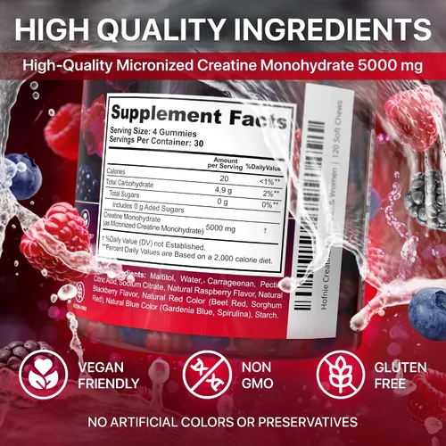 Vista 7 de Gomitas de monohidrato de creatina de 5000 mg - Creatina vegana sin azúcar para hombres y mujeres - Monohidrato de creatina masticable con sabor a