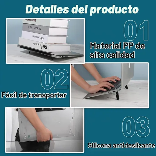Vista 5 de Soporte elevador de teclado plegable, pies autoajustables para computadora portátil con ángulos duales, soporte para computadora pequeño, elevador