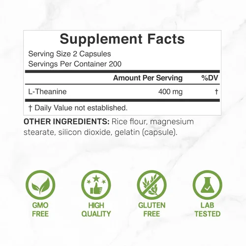Vista 2 de L-teanina 400 mg, 400 cápsulas – Suplemento de teanina extra fuerte – Aminoácidos para apoyo de concentración y relajación – Sin OMG y sin gluten