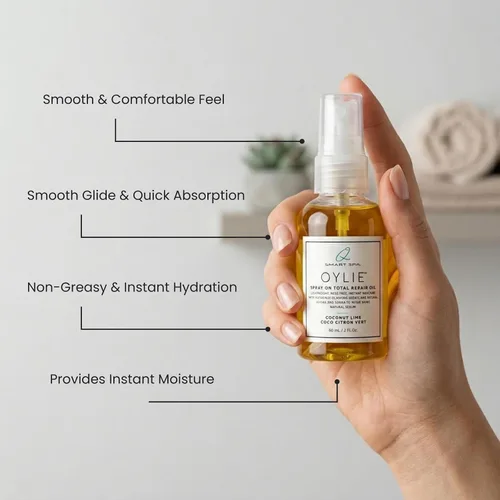 Vista 4 de QTICA Oylie Spray On Total Repair - Aceite corporal ligero en aerosol con jojoba natural y aceite de argán para una humedad instantánea, acabado