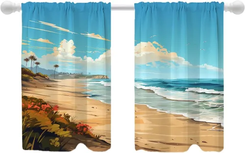 Vista 24 de Shrahala Beach Scenery Blackout Curtain Tiers, Coastal Landscape Kitchen Valance Light Blocking Tier Drapes with Rod Pocket, 2 Pack 26 X 24 in Blue1