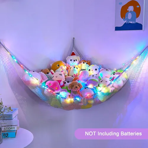 Vista 3 de Unicorn Castle Hamaca de red para animales de peluche, almacenamiento de juguetes para niños con luz LED, organizador de juguetes de felpa
