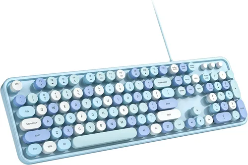 Vista 9 de Teclado de computadora con cable MOWUX, teclado retro redondo con cable USB de plug and play, teclado con cable de tamaño completo con soportes