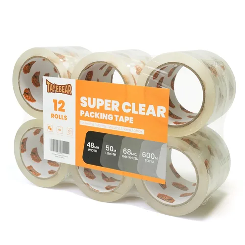 Vista 9 de TAPEBEAR Cinta de embalaje transparente, 12 rollos, 1.88 pulgadas x 55 yardas x 2.0 mil de grosor, cinta adhesiva acrílica para envío, sellado