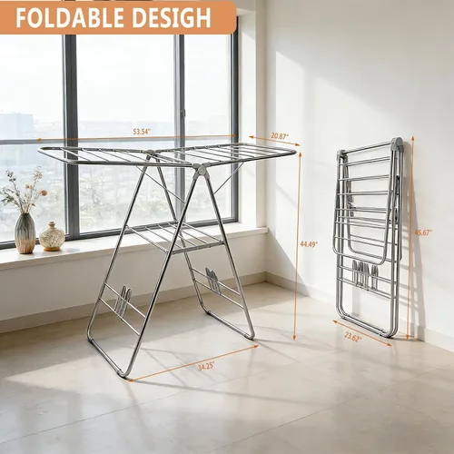 Vista 4 de Tendedero plegable de altura ajustable, gran espacio, estante de lavandería alado con clips para calcetines para colgar toallas, ropa, ropa de cama
