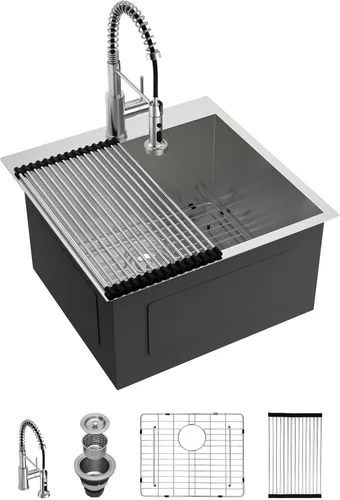 Vista 13 de Lordear - Estación de trabajo de fregadero de cocina al aire libre con grifo extraíble de 21" x 20", fregadero de barra de preparación de 16 Acero