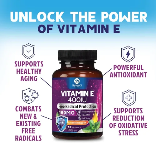 Vista 7 de Vitamina E 180 mg por porción cápsulas blandas – Vitamina E DL-Alfa, suplemento dietético rico en antioxidantes para la piel, el corazón y el apoyo