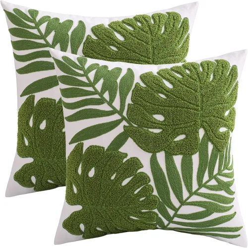 Vista 13 de Fundas de almohada bordadas de 18 x 18 pulgadas, paquete de 2 hojas Hoja tropical azul