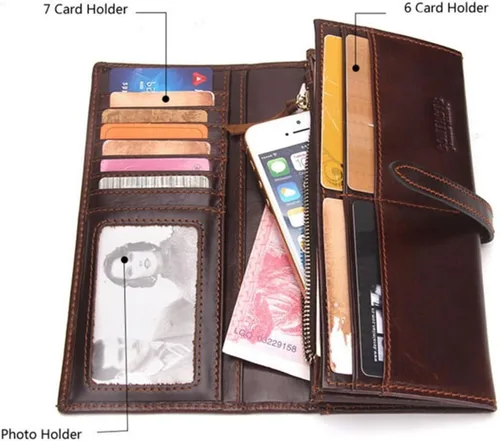 Vista 8 de Cartera larga de cuero plegable estilo vintage para hombres, Marrón