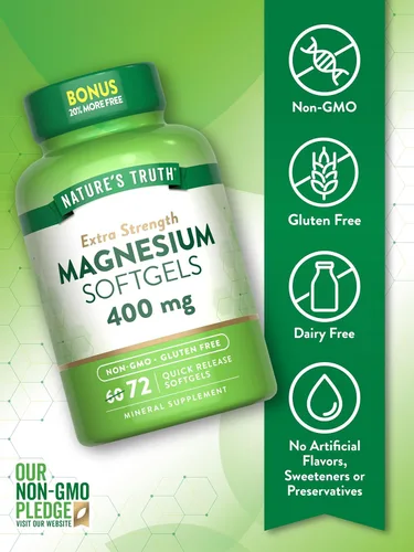 Vista 3 de Nature's Truth Magnesio 400mg 72 cápsulas blandas Tamaño de valor Extra fuerte de óxido de magnesio Suplemento sin OMG y sin gluten