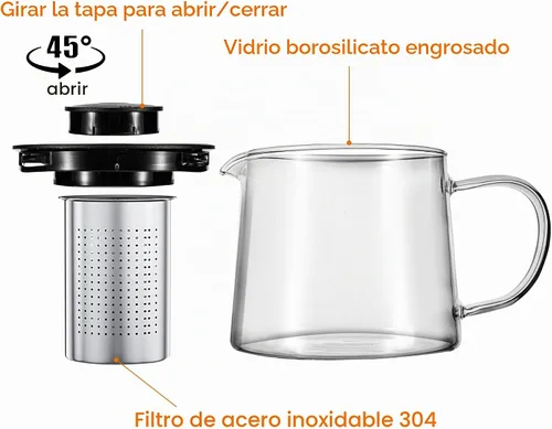 Vista 3 de Tetera de vidrio 1000 ml/34 oz con infusor extraíble de acero inoxidable, tetera de vidrio resistente al calor de borosilicato, hervidor de té