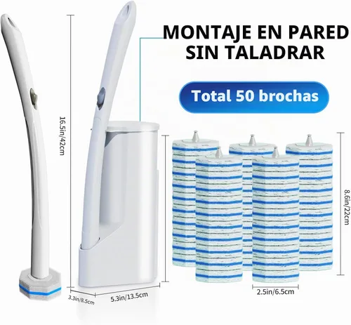 Vista 3 de Sistema de Cepillo de Limpieza Desechable para Inodoro con 50 uds. de Almohadillas de Repuesto Cabezales, Varilla de Limpieza para Inodoro, Kit