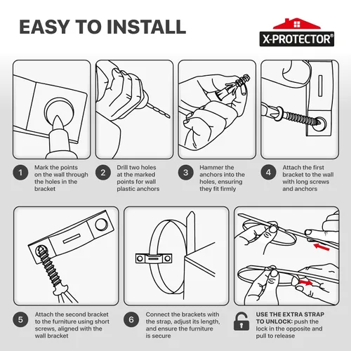 Vista 7 de X-Protector Anclajes para muebles a prueba de bebés – Paquete de 10 piezas – Anclaje de pared de metal para muebles – Anclajes de pared a prueba