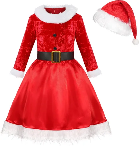 Vista 2 de Soyoekbt Disfraz de Navidad para niñas, vestido de Santa con luz LED y sombrero de Navidad rojo