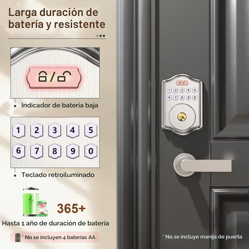 Vista 6 de 52HZ Cerradura de puerta de entrada sin llave con código, cerrojo electrónico con teclado y 2 llaves, cerraduras inteligentes para puerta principal