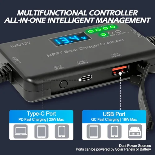 Vista 2 de Controlador de carga solar MPPT de 10 A, 12 V, 30 V máximo COV 22 W tipo C y 18 W USB de carga rápida LCD, protección múltiple Controlador