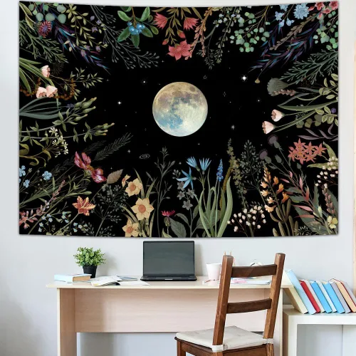 Vista 4 de Amhokhui Tapiz de jardín iluminado por la luna, tapiz bohemio de luna, tapiz floral de flores, tapices de plantas coloridas, tapices negros