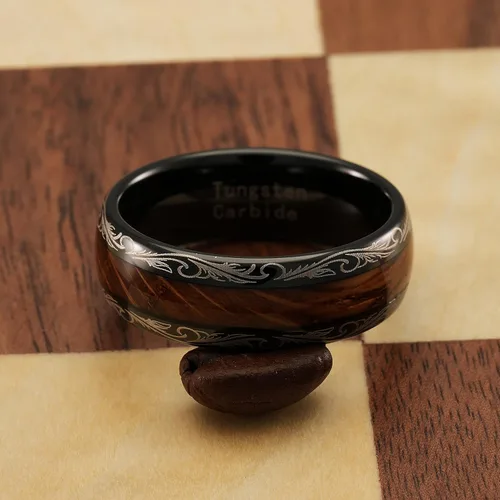 Vista 4 de 100S JEWELRY Anillos de tungsteno para hombres y mujeres con incrustación de barril de whisky, estilo vintage, diseño barroco, hoja, negro, anillo