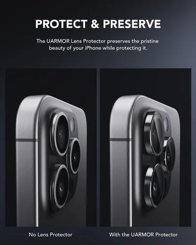 Vista 4 de UARMOR - Protector de lente de cámara para [iPhone 16 Pro y 16 Pro Max] 9H de vidrio templado y cubierta de aluminio, HD transparente, kit de fácil
