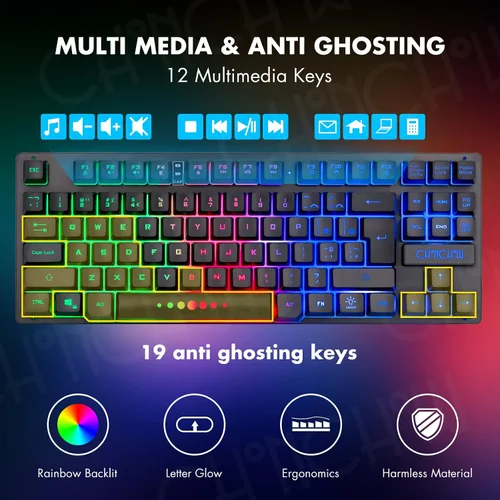 Vista 4 de CHONCHOW Combo de teclado y mouse inalámbricos para juegos, teclado recargable de 87 teclas con luz LED, mouse ergonómico inalámbrico