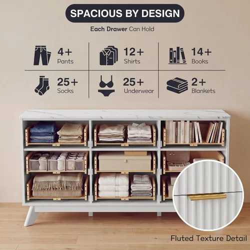 Vista 4 de JUMMICO Cómoda acanalada para dormitorio con 9 cajones, cómoda de 57