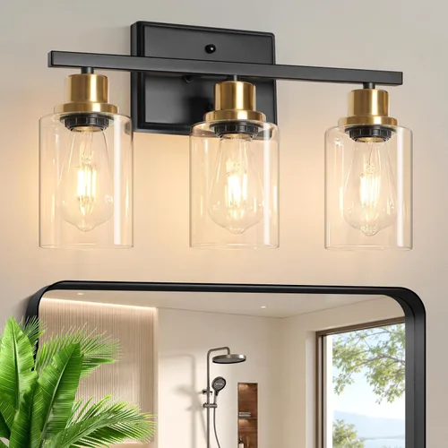 Vista 19 de Ascher Apliques de pared de 2 luces, moderna lámpara de tocador con pantalla de vidrio transparente, lámpara de pared de níquel cepillado