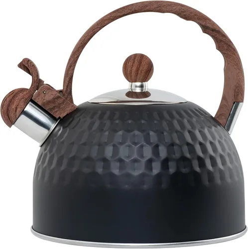 Vista 7 de Whistling - Tetera de acero inoxidable con mango anticalor de grano de madera, cubierta cilíndrica de acero inoxidable de grano de madera, 2.6
