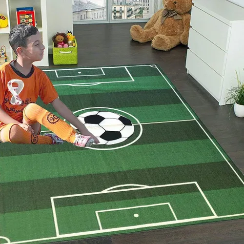 Vista 4 de Mybecca Alfombra para niños de 4 pies 11 pulgadas x 6 pies 10 pulgadas (59 x 82 pulgadas), con respaldo de gel antideslizante, campo de fútbol