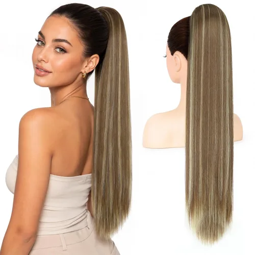 Vista 10 de Extension de cola de caballo con cordón de 26 pulgadas para mujer, extensiones de cola de caballo largas y onduladas, extensiones de cabello Rubio