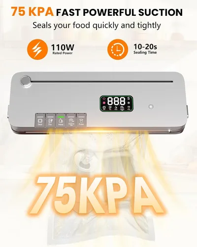 Vista 5 de Máquina selladora al vacío de alimentos, succión fuerte de 75 KPa, temporizador digital, cortador integrado, función de pulso, modos seco y húmedo