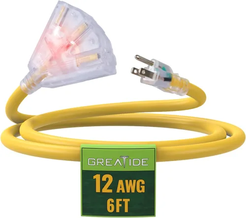 Vista 14 de Cable de extensión iluminado para exteriores de 6 pies con 3 tomas de corriente eléctrica - Cable de extensión negro resistente SJTW 12/3