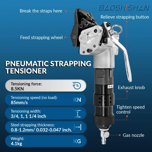 Vista 2 de Máquina de flejado de acero neumática, herramienta de flejado de metal, tensor y cortador sellador, empacadora resistente para flejado de 1 1/4