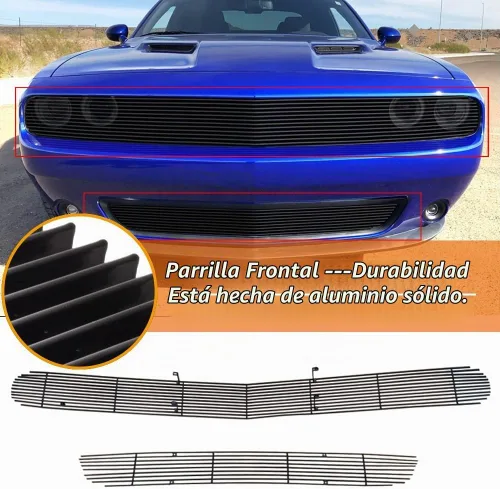 Vista 4 de Rejilla delantera compatible con DODGE Challenger PHANTOM 2015 16 17 18 19, para parachoques superior e inferior, inserto de rejilla de aluminio