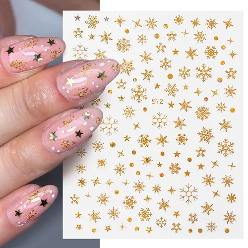 Vista 3 de 12 hojas de calcomanías de arte de uñas de copo de nieve de Navidad, suministros de uñas doradas, calcomanías de uñas de copo de nieve, copos