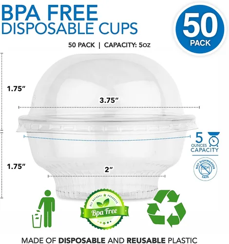 Vista 2 de Mini tazas de plástico transparente para postre con tapas de 5 onzas (juego de 50) taza de parfait desechable pequeña, tapa de cúpula, sin agujero