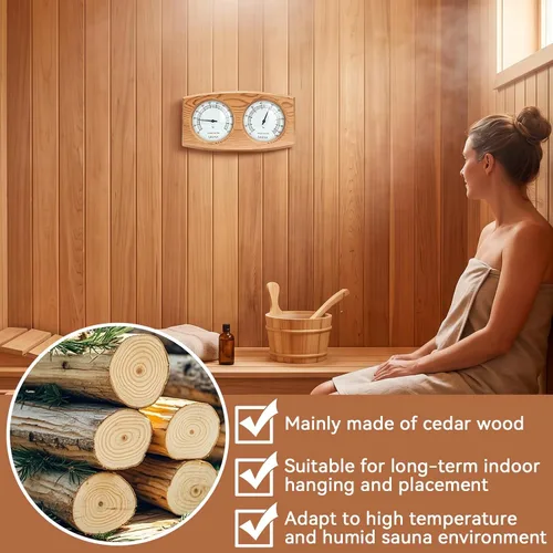 Vista 2 de 2 in 1 Sauna Thermometer and Hygrometer, Wood Hygrometer Double Dial Indoor Humidity Temperature Measurement Sauna Room Equipment Accessories