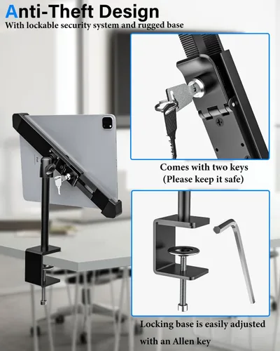 Vista 2 de Soporte de quiosco antirrobo para iPad, doble antirrobo, soporte de tableta de bloqueo para escritorio, soporte giratorio de 360°/90° POS iPad