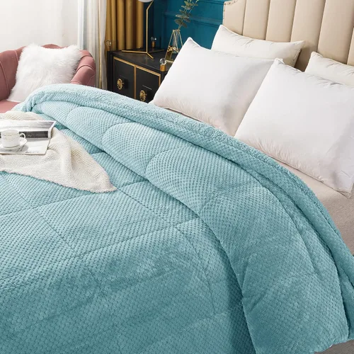 Vista 9 de KASENTEX - Edredón de lujo súper ultra suave de sherpa de pelo sintético, ropa de cama reversible apta para lavar a máquina, en color azul cielo