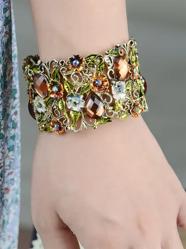 Vista 6 de Alilang Brazalete inspirado en antigüedades con jardín de flores y estrás
