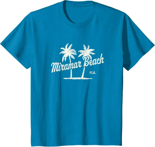 Vista 48 de Miramar Beach Florida Vintage 70s Palm Trees - Camiseta gráfica, Azul / Patchwork, S