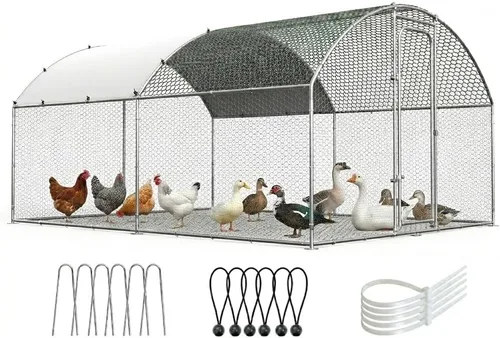 Vista 10 de ORANLAND Gallinero de metal grande, 9.9 x 9.9 x 6.6 pies con tapa, corral de pollo con techo de espira con cerradura de seguridad, jaula de conejo