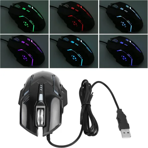 Vista 7 de Ratón para juegos con cable, mouse USB ergonómico 1200 1800 2400 3600 DPI, mouse silencioso con cable para computadora con retroiluminación RGB, 6