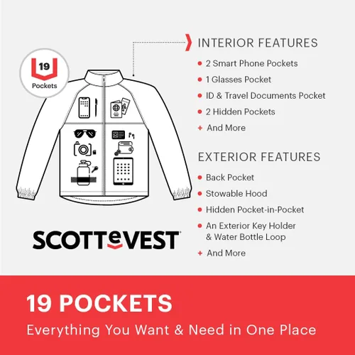 Vista 2 de SCOTTeVEST Pack - Chaqueta rompevientos para hombre, 19 bolsillos ocultos, abrigo ligero repelente al agua para viajes y más