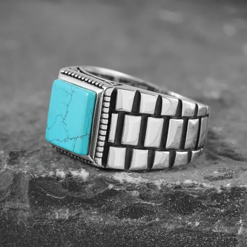 Vista 4 de Sterling Silver Rings for Men - Style Mens Sterling Silver Ring with Onyx or Turquoise Stone, Anillos Para Hombre