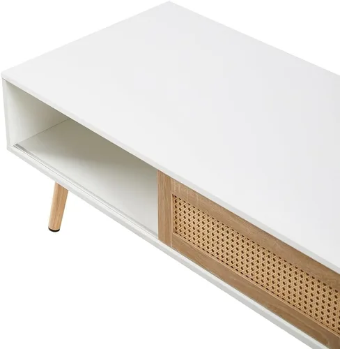 Vista 9 de Mesa de centro de ratán de 41.34 pulgadas, puerta corrediza para almacenamiento, patas de madera maciza, mesa moderna para sala de estar, utilizada