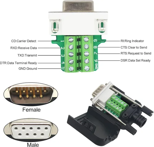 Vista 5 de 10 conectores DB9 macho Breakout, conectores RS232 de 9 pines, placa de módulo adaptador serie D-SUB RS485 sin soldadura con terminales de tornillo